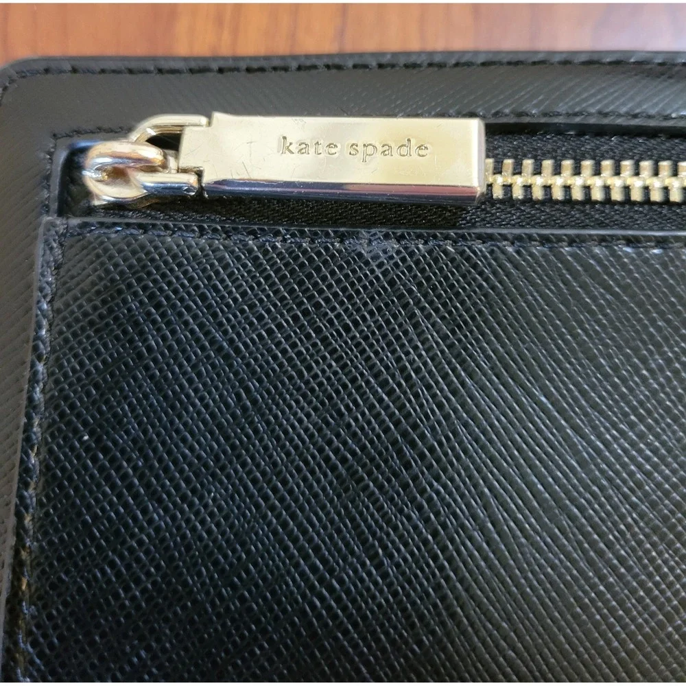 Kate Spade New York Black Saffiano Leather Slim Bifold Wallet Gold Logo AS IS